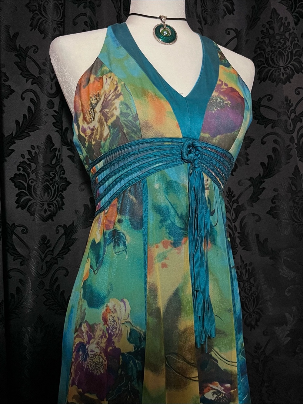 Sue Wong Teal and Green Floral Halter Midi Dress - Picture 2 of 6